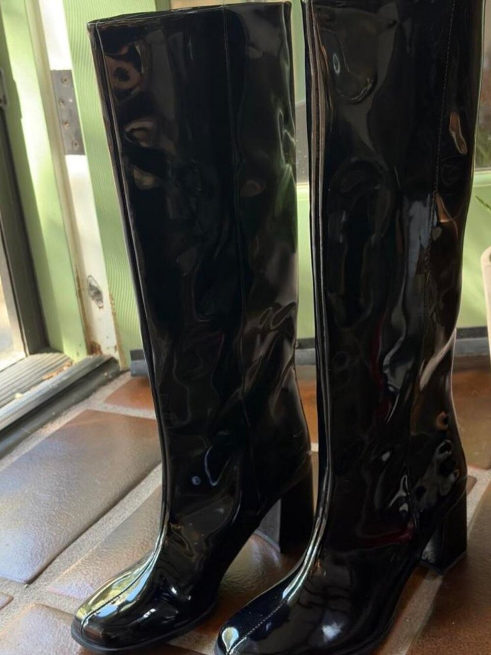 Zara Black Patent-Look Knee-High Block-Heel Boots EU 38